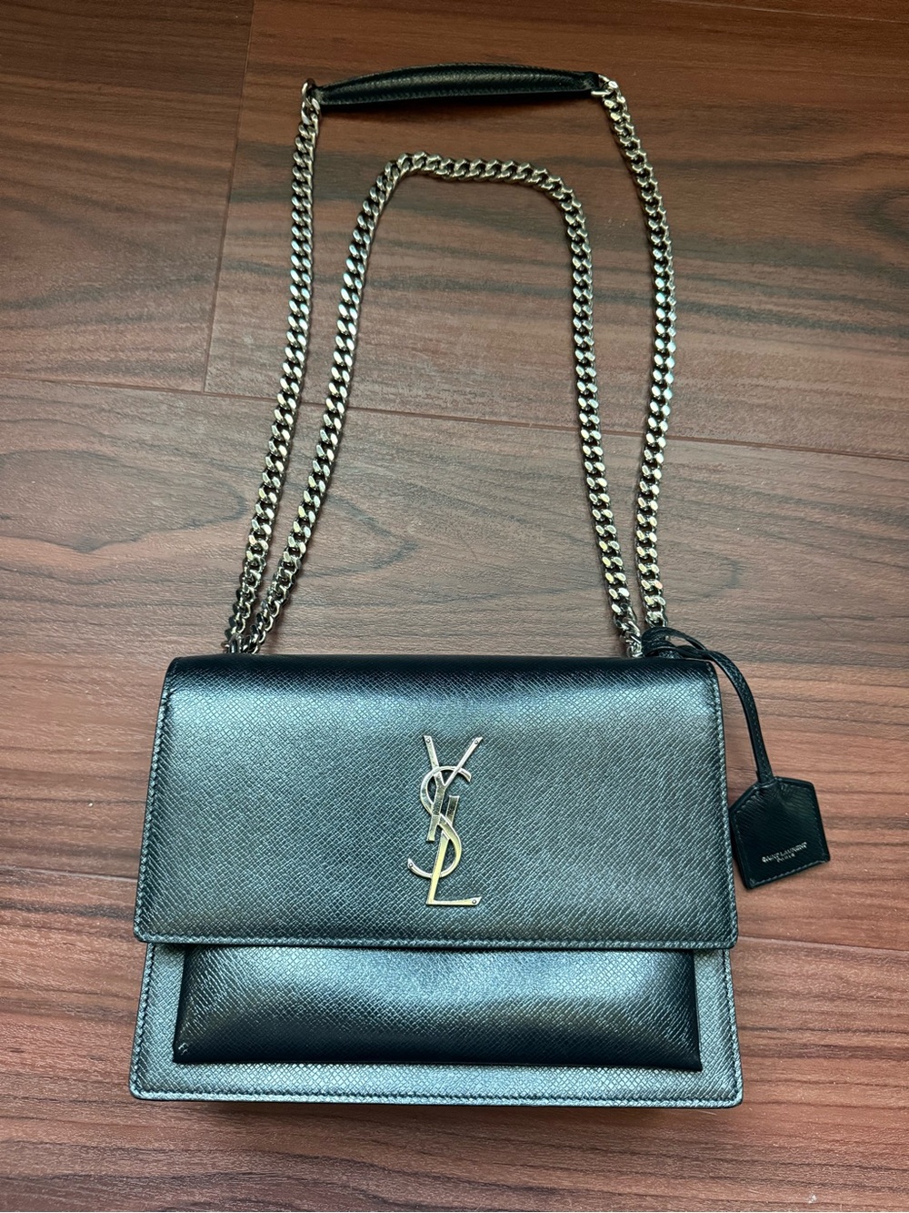 Saint Laurent Sunset Medium Black Leather YSL Chain Shoulder/Crossbody Bag